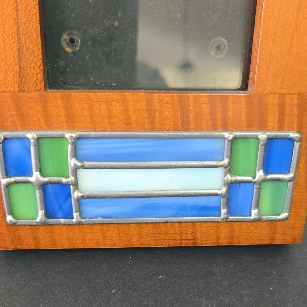 Wooden Photo Frame with Blue and Green Stained Glass Inset Accents